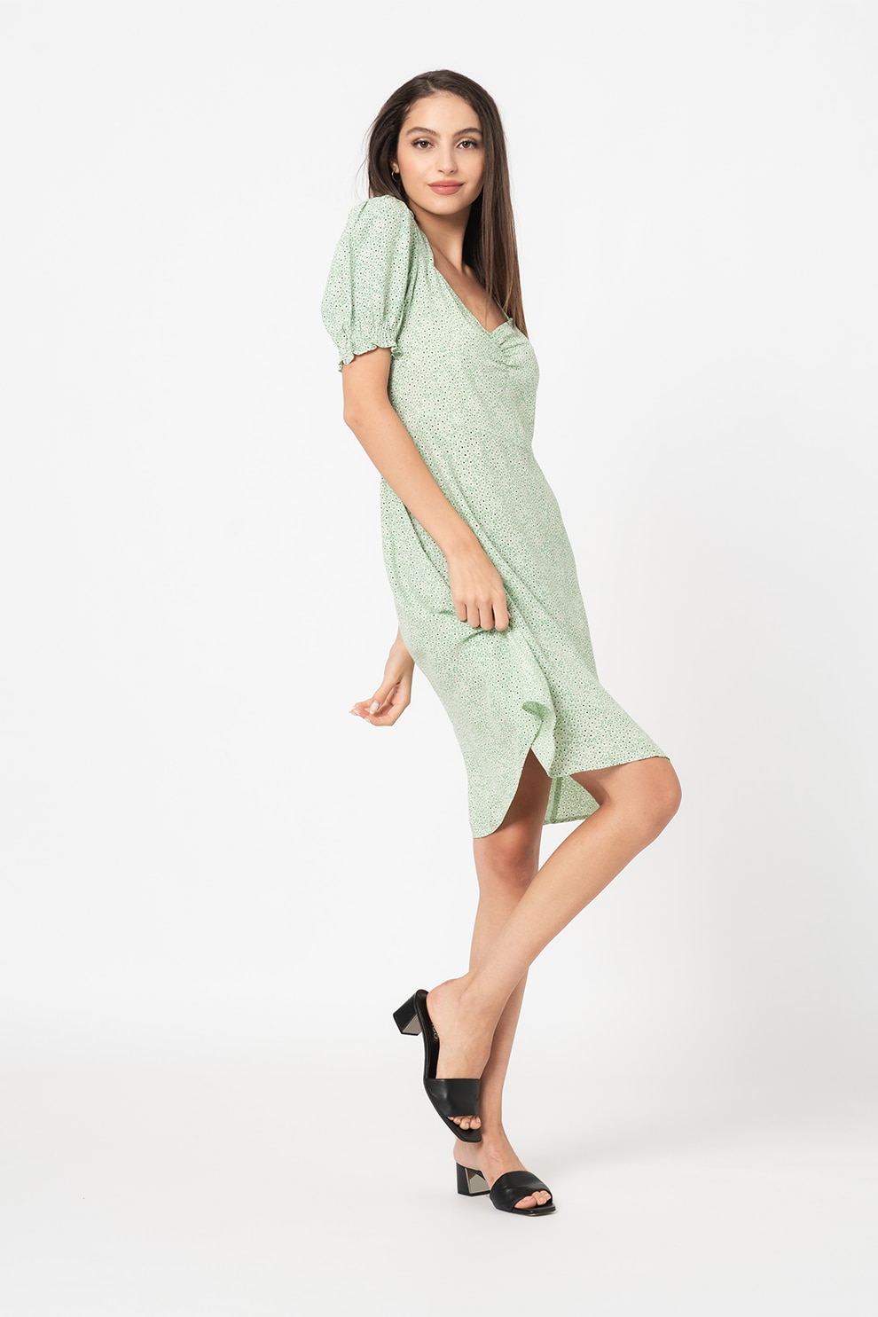 Vero Moda, Rochie evazata cu imprimeu floral Evelyn, Verde menta/Alb/Negru