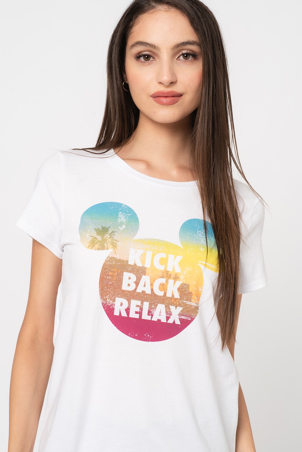 Only, Tricou din bumbac organic cu imprimeu grafic Mickey, Alb optic/Verde/Galben