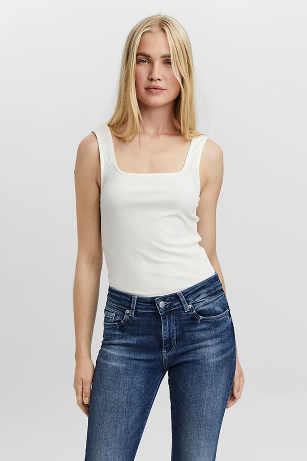 Vero Moda, Top cu striatii si decolteu patrat, Alb