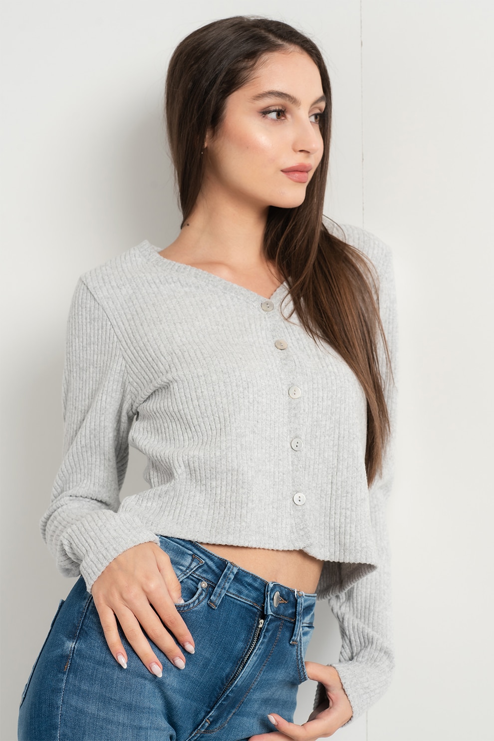 Only, Cardigan crop cu decolteu in V Cherry, Gri deschis melange