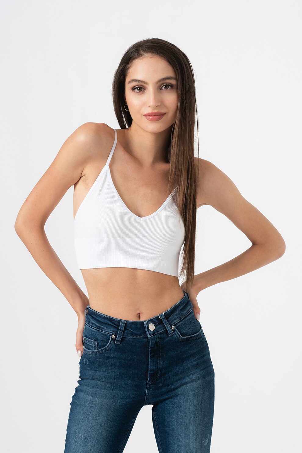 Only, Bustiera striata cu decolteu in V Vicky, Alb optic