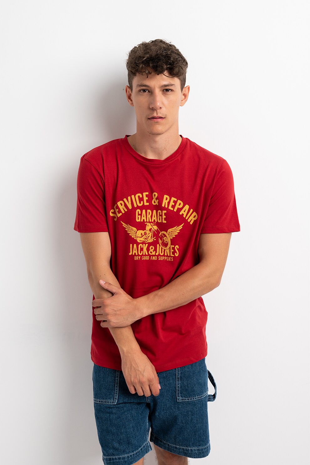 Jack&Jones, Tricou de bumbac cu imprimeu, Rosu/Galben sofran