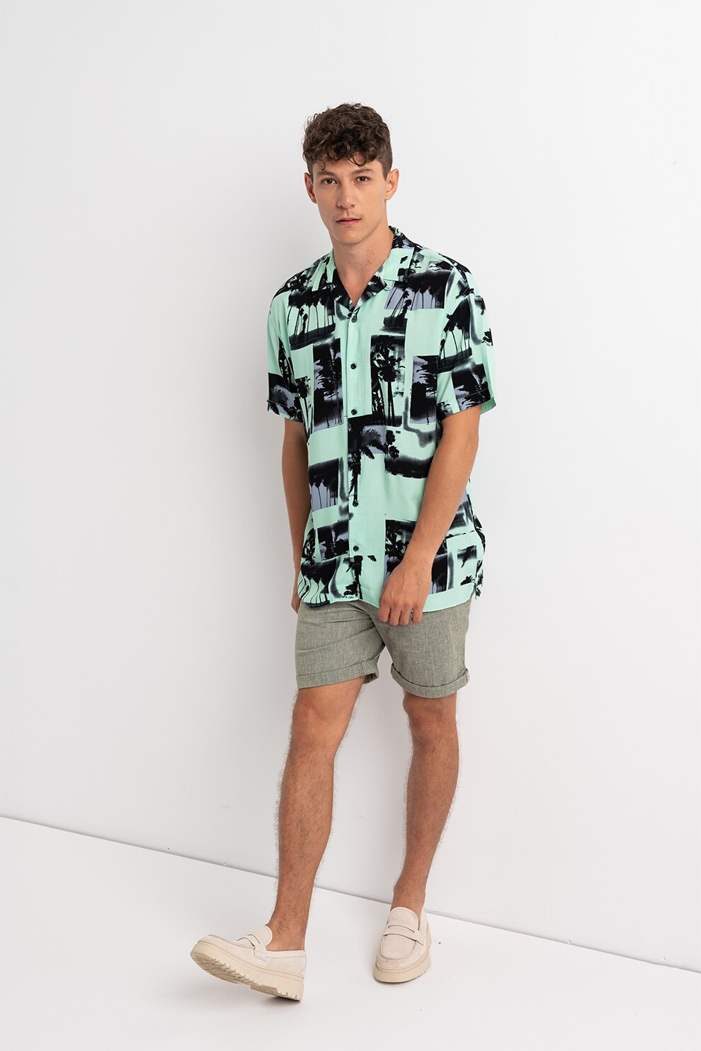 Jack&Jones, Camasa cu maneci scurte si imprimeu grafic, Verde menta/Negru, L