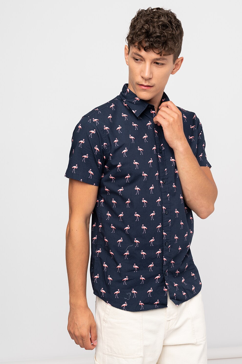 Jack&Jones, Camasa din bumbac cu imprimeu si terminatie rotunjita, Bleumarin/Roz