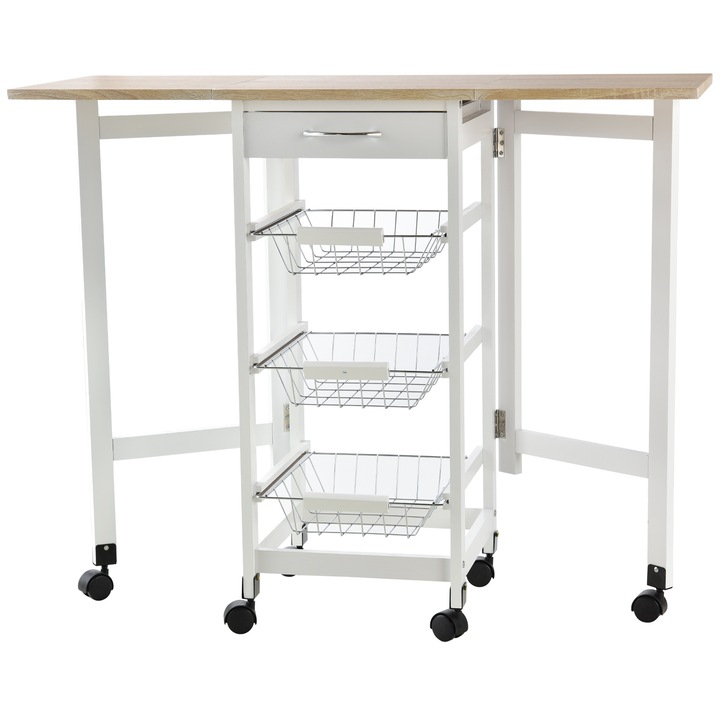 Кухненска количка HOMCOM, Разтегателна, MDF, Метал, 37x37x77.5 см, Бял