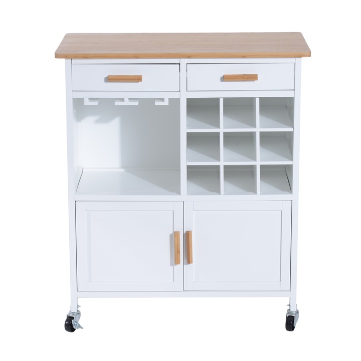 Количка с рафтове и шкафове HOMCOM, MDF / Метал, 76x40x88 см, Бяла