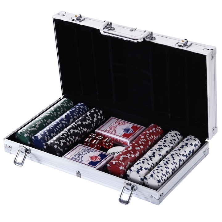 Homcom Poker Set, 300 чипа, алуминиев калъф, сребро