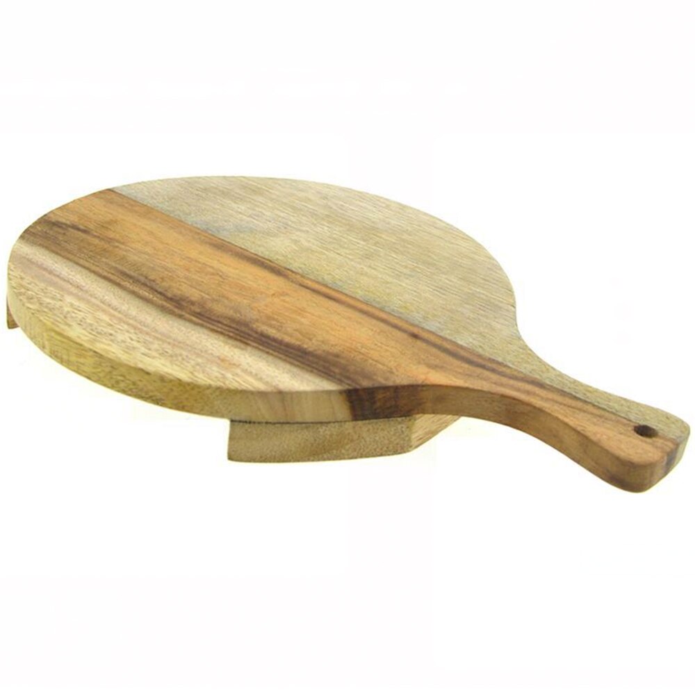 Tocator rotund cu maner, L 34 cm, d 25 cm, platou servire din lemn de salcam