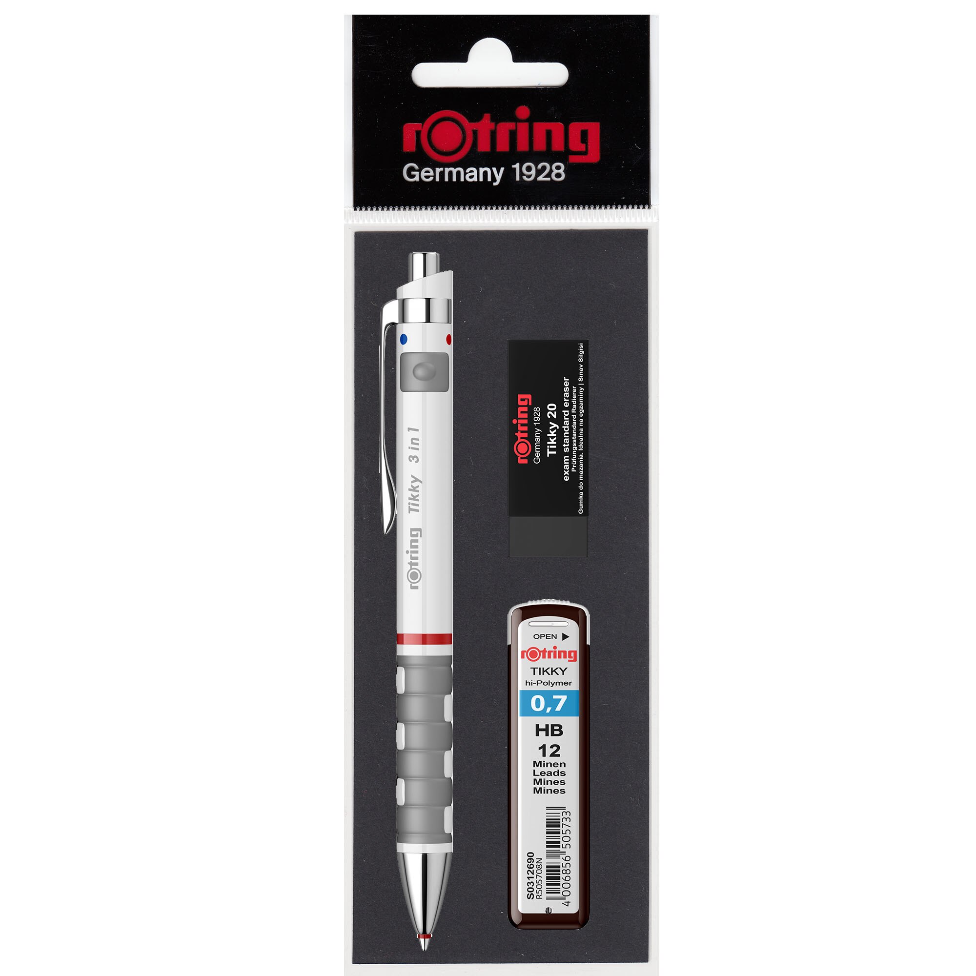 Set Rotring multipen Tikky 3-in-1 0.7 white + etui mine 0.7 HB + radiera Exam 20