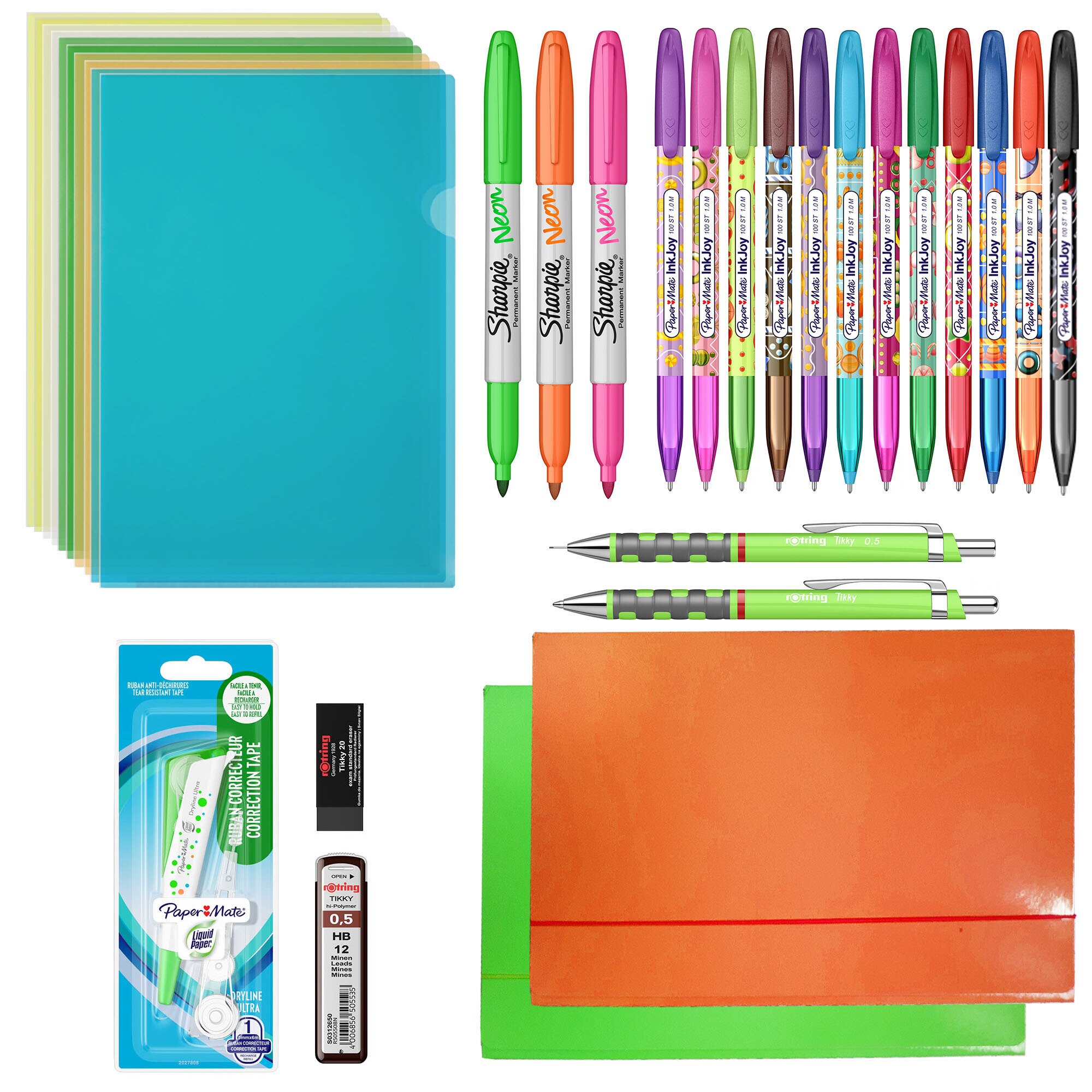 Pachet Rotring, Papermate, Sharpie 33 piese – pix+creion mecanic Tikky 0.5 green neon
