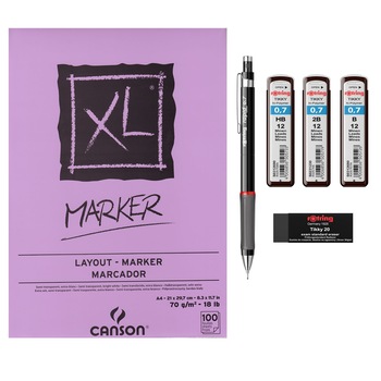 Set Rotring Creion mecanic 0.7 Rapid XL + 3 etuiuri mine grafit(2B, B, HB) + radiera Exam 20 + bloc schite Set Rotring Creion mecanic 0.7 Rapid XL + 3 etuiuri mine grafit(2B, B, HB) + radiera Exam 20 + bloc schite