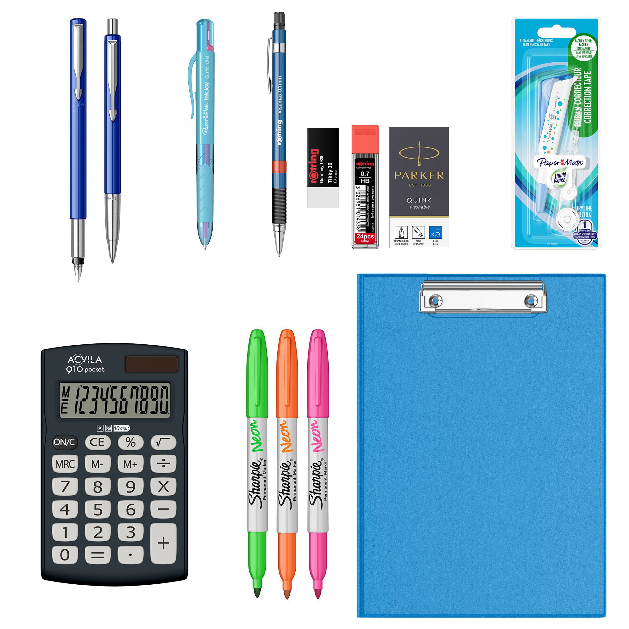 Pachet Parker, Rotring, Papermate, Sharpie, Acvila 14 piese – stilou+pix Vector blue