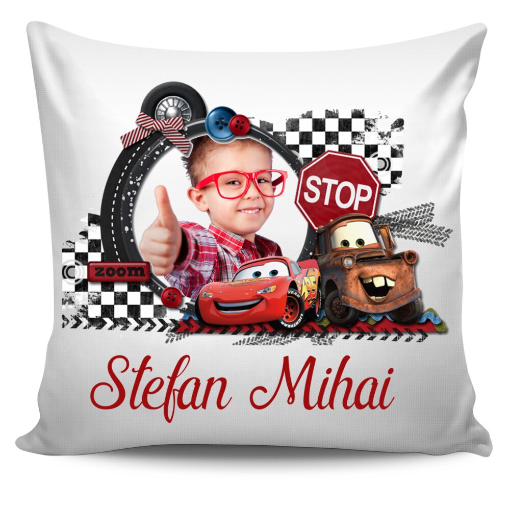 Perna personalizata Fulger McQueen 2 cu poza si text , Aniversare , Onomastica , Ziua Copilului, , 40x40 cm, Handmade Mihaela