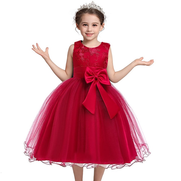Детска рокля, с панделка и дантела, Полиестер, Червена