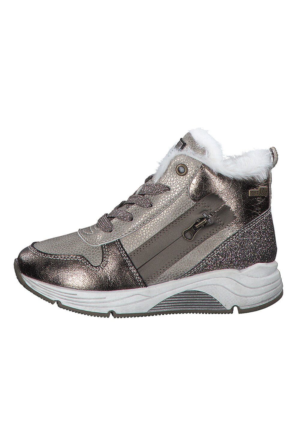 s.Oliver, Pantofi sport mid-high din piele ecologica cu captuseala pufoasa, Maro taupe deschis/Argintiu