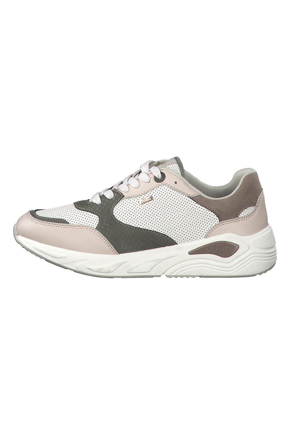 s.Oliver, Pantofi sport cu aspect colorblock si model perforat, Roz piersica/Verde militar/Alb prafuit