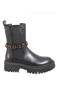 Tosca Blu, Ghete Chelsea din piele cu bareta cu strasuri, Negru/Maro, 36 Tosca Blu, Ghete Chelsea din piele cu bareta cu strasuri, Negru/Maro, 36