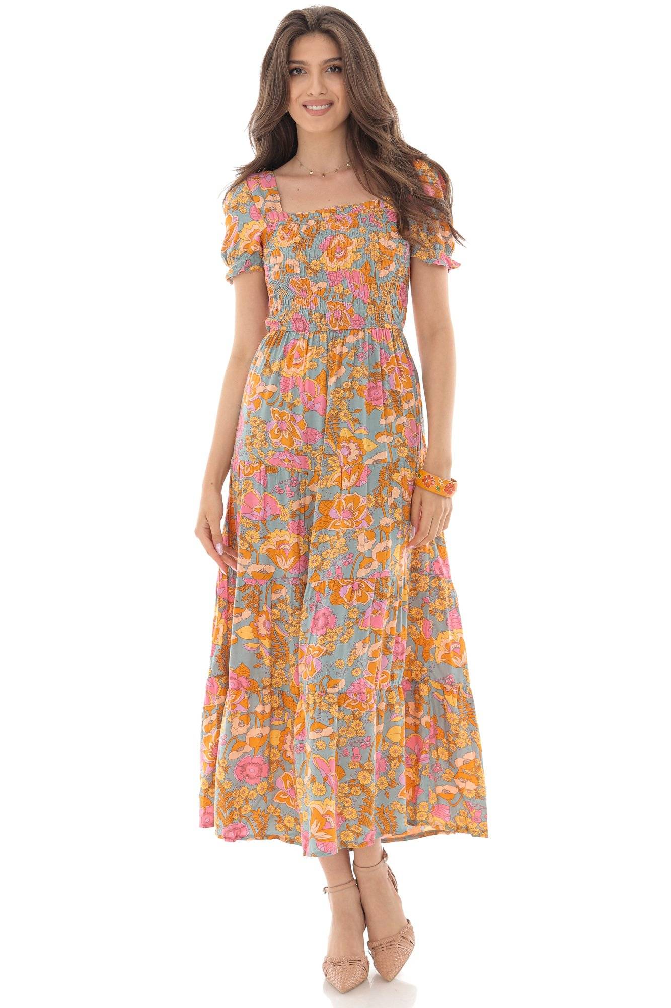 Rochie, ROH DR4299, multicolora, maxi, cu volane