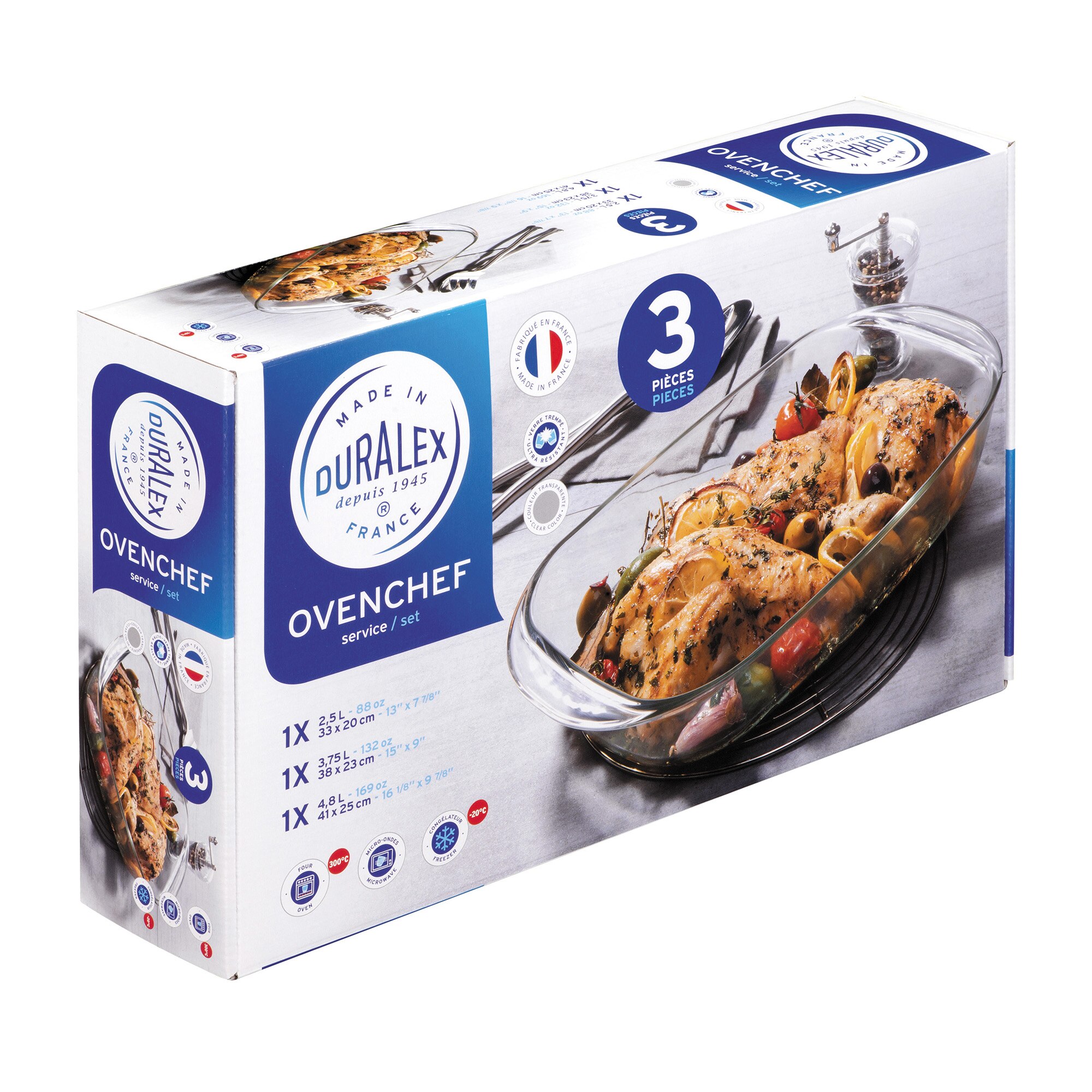 Set 3 vase dreptunghiulare Duralex Ovenchef, sticla termorezistenta