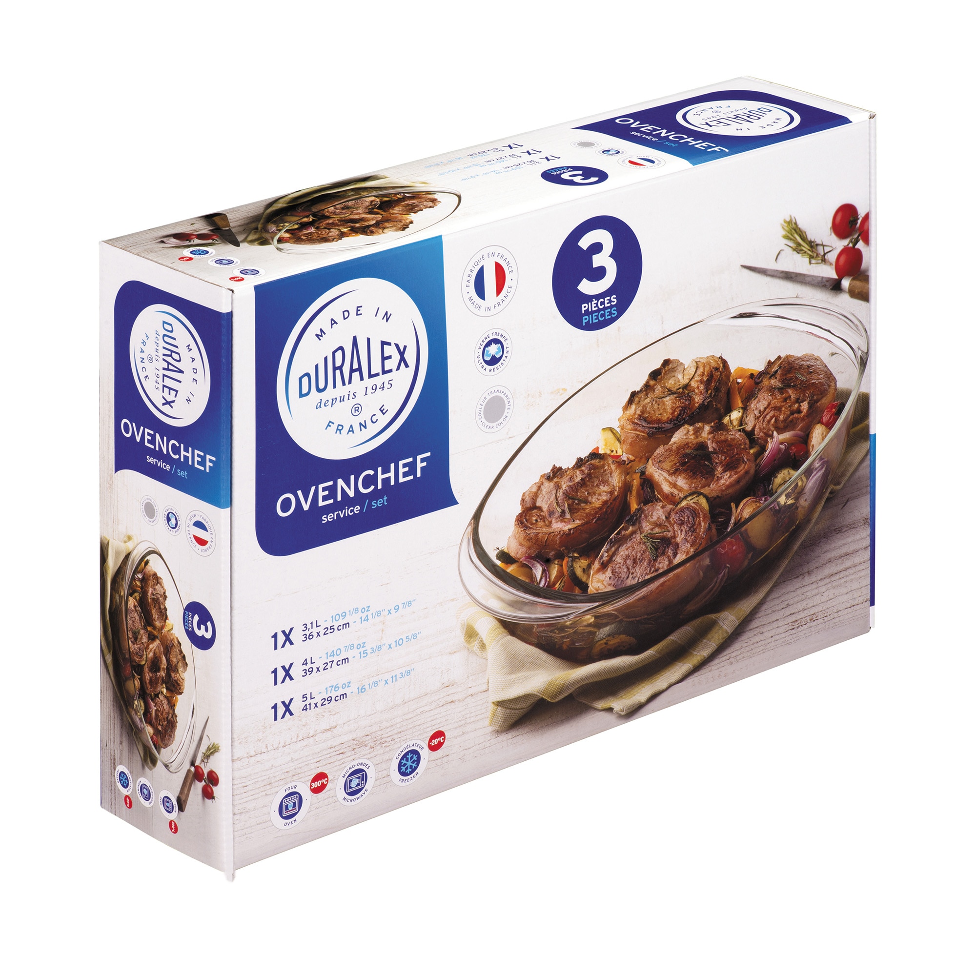 Set 3 vase ovale Duralex Ovenchef, sticla termorezistenta