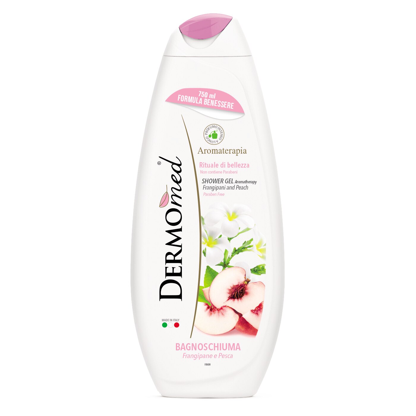 Gel de dus Dermomed cu flori de frangipan si piersica alba, 750 ml