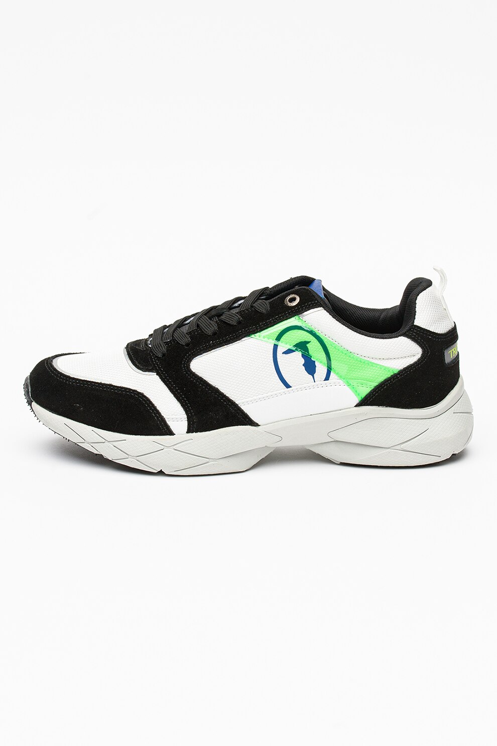 Trussardi, Pantofi sport cu garnituri de piele intoarsa Mike, Negru/Alb/Verde