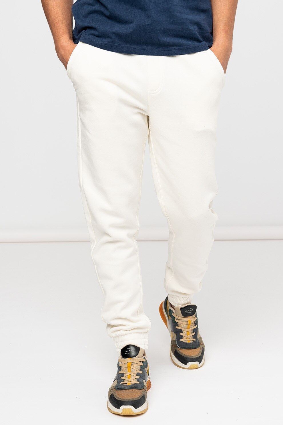 BLEND, Pantaloni sport din amestec de bumbac cu talie elastica, Alb prafuit