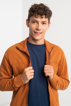 BLEND, Bluza sport de bumbc cu fermoar si logo, Maro caramel BLEND, Bluza sport de bumbc cu fermoar si logo, Maro caramel