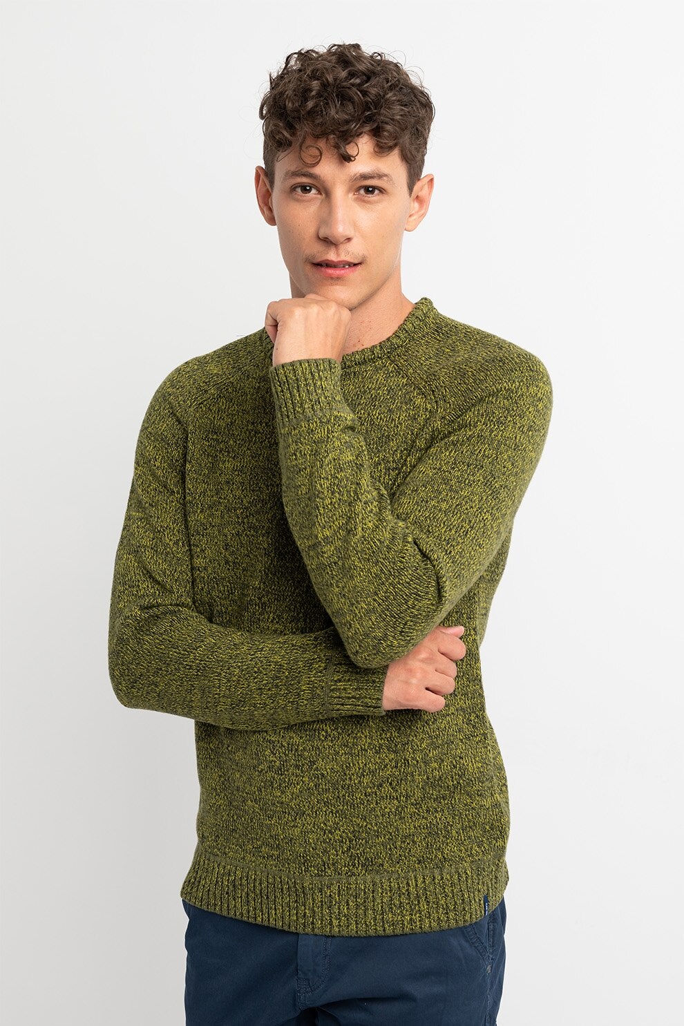 BLEND, Pulover din bumbac cu decolteu la baza gatului, Verde feriga/Verde lime