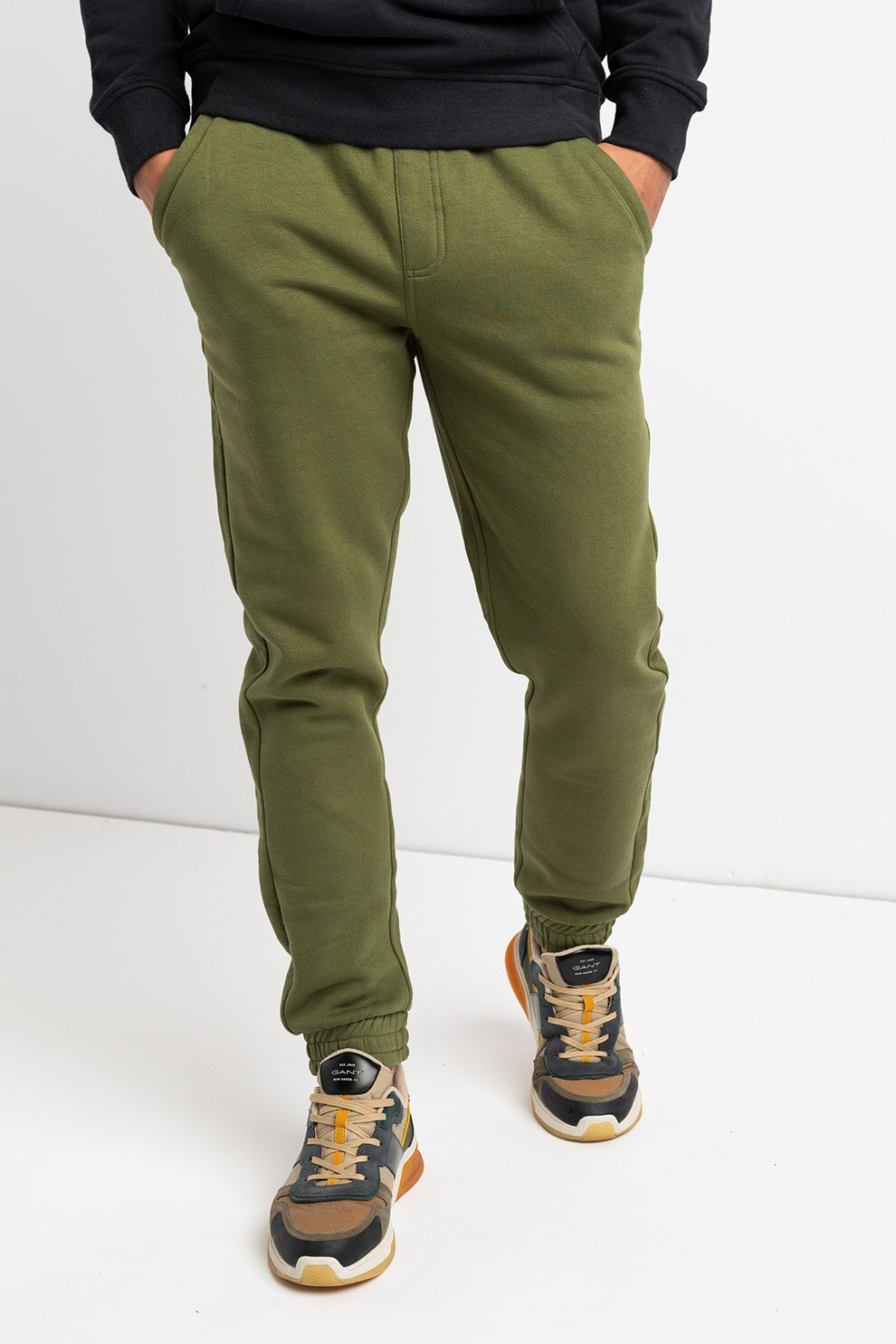 BLEND, Pantaloni sport din amestec de bumbac cu talie elastica, Verde feriga