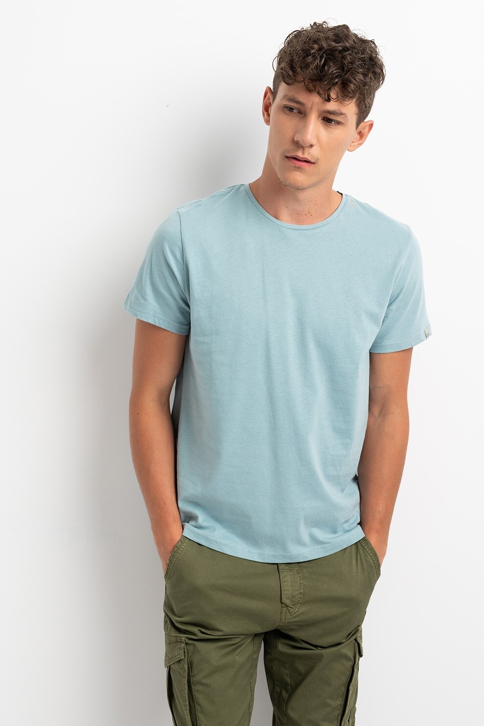 BLEND, Tricou de jerseu cu decolteu la baza gatului, Albastru pastel