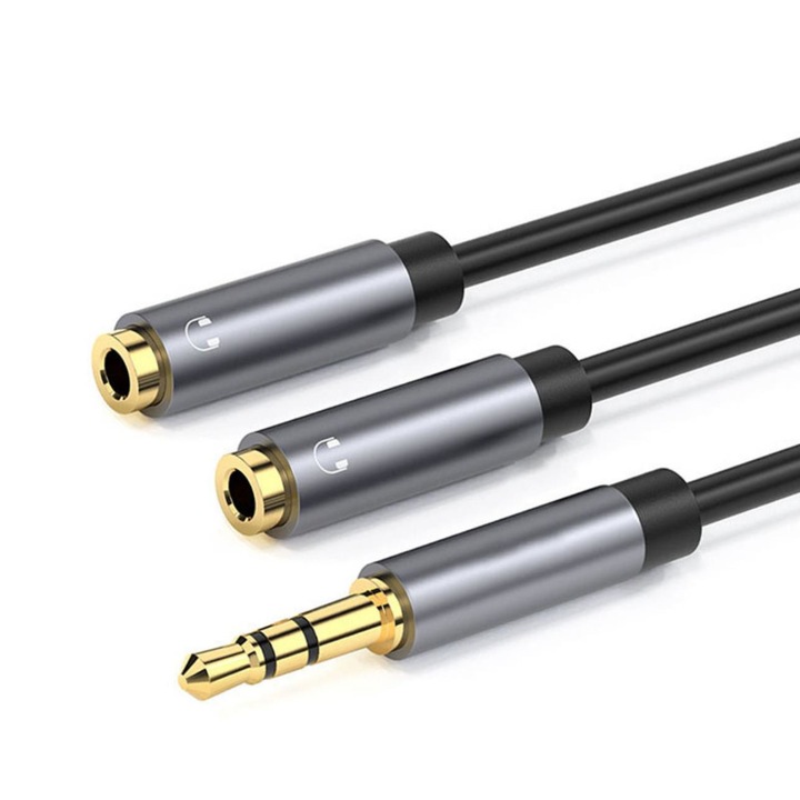 Cablu FAC Splitter pentru casti 3.5mm, Audio Stereo Y Splitter, Negru/Gri