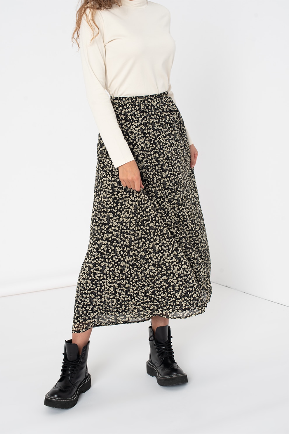 Marc O'Polo, Fusta cu talie inalta si imprimeu floral, Negru/Bej