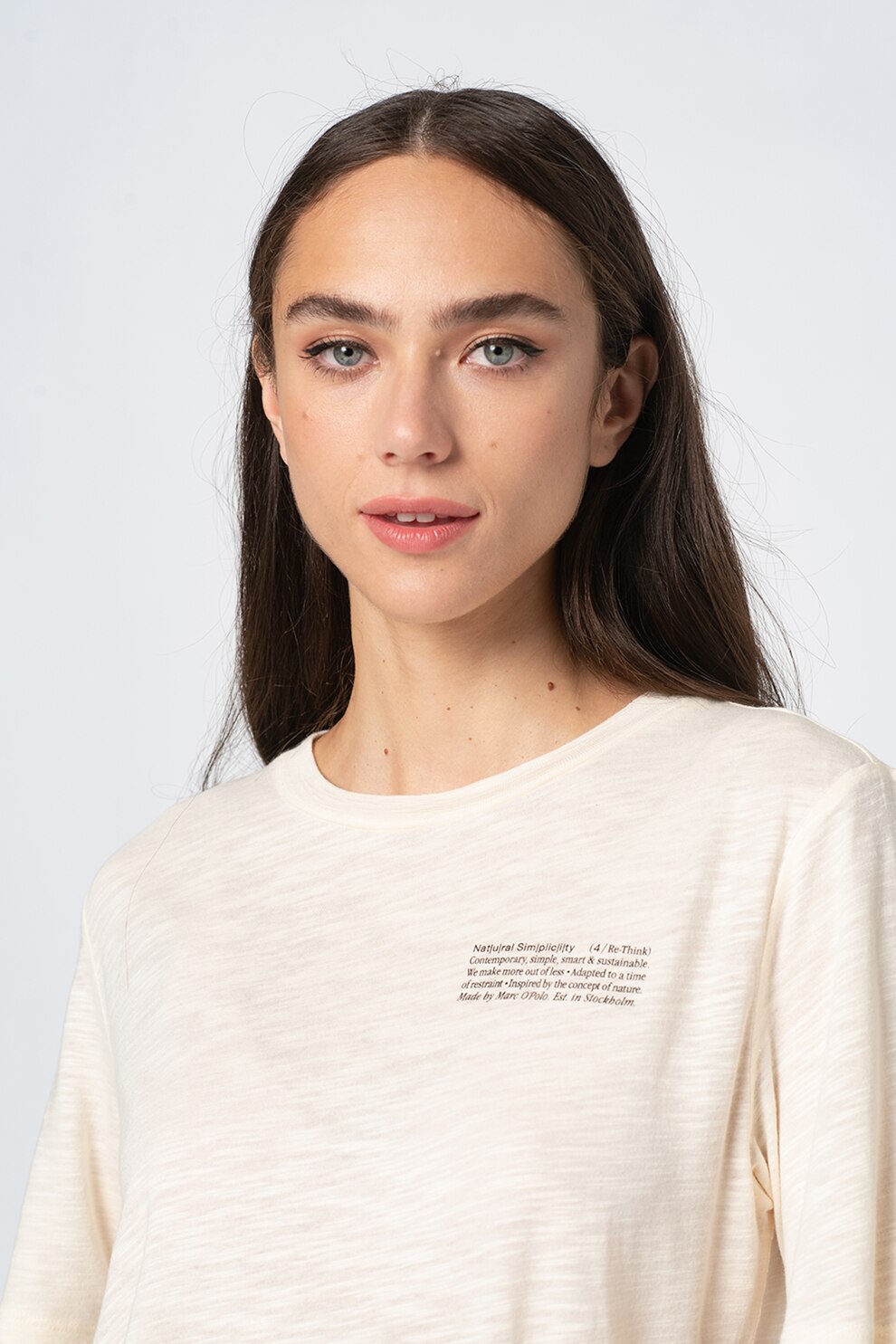 Marc O'Polo, Tricou cu imprimeu si decolteu la baza gatului, Crem/Negru