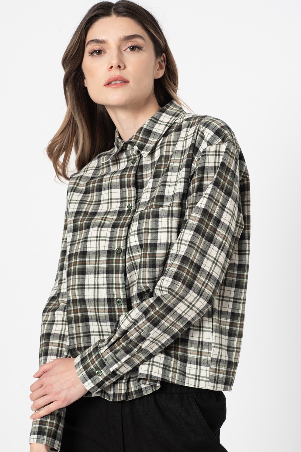 Marc O'Polo, Camasa boyfriend de flanel in carouri, Verde/Alb