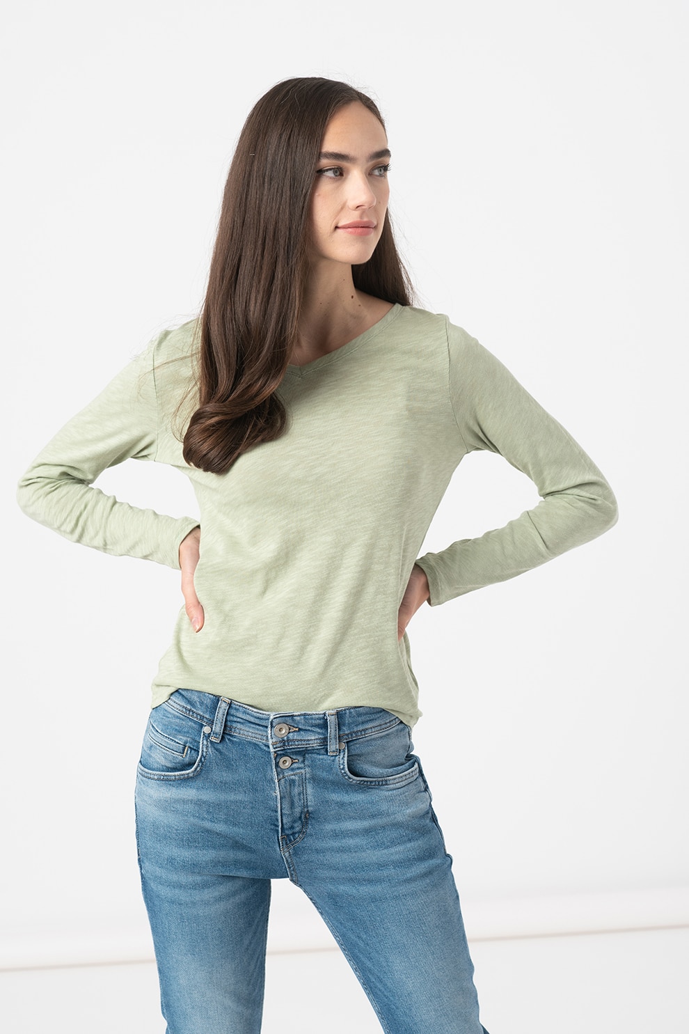 Marc O'Polo., Bluza din bumbac cu decolteu in V, Verde feriga