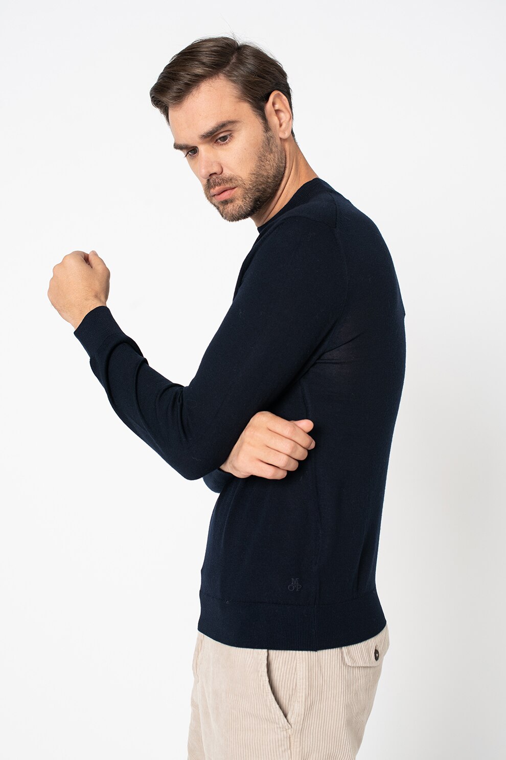 Marc O'Polo, Pulover din lana virgina cu decolteu la baza gatului, Bleumarin inchis, 3XL
