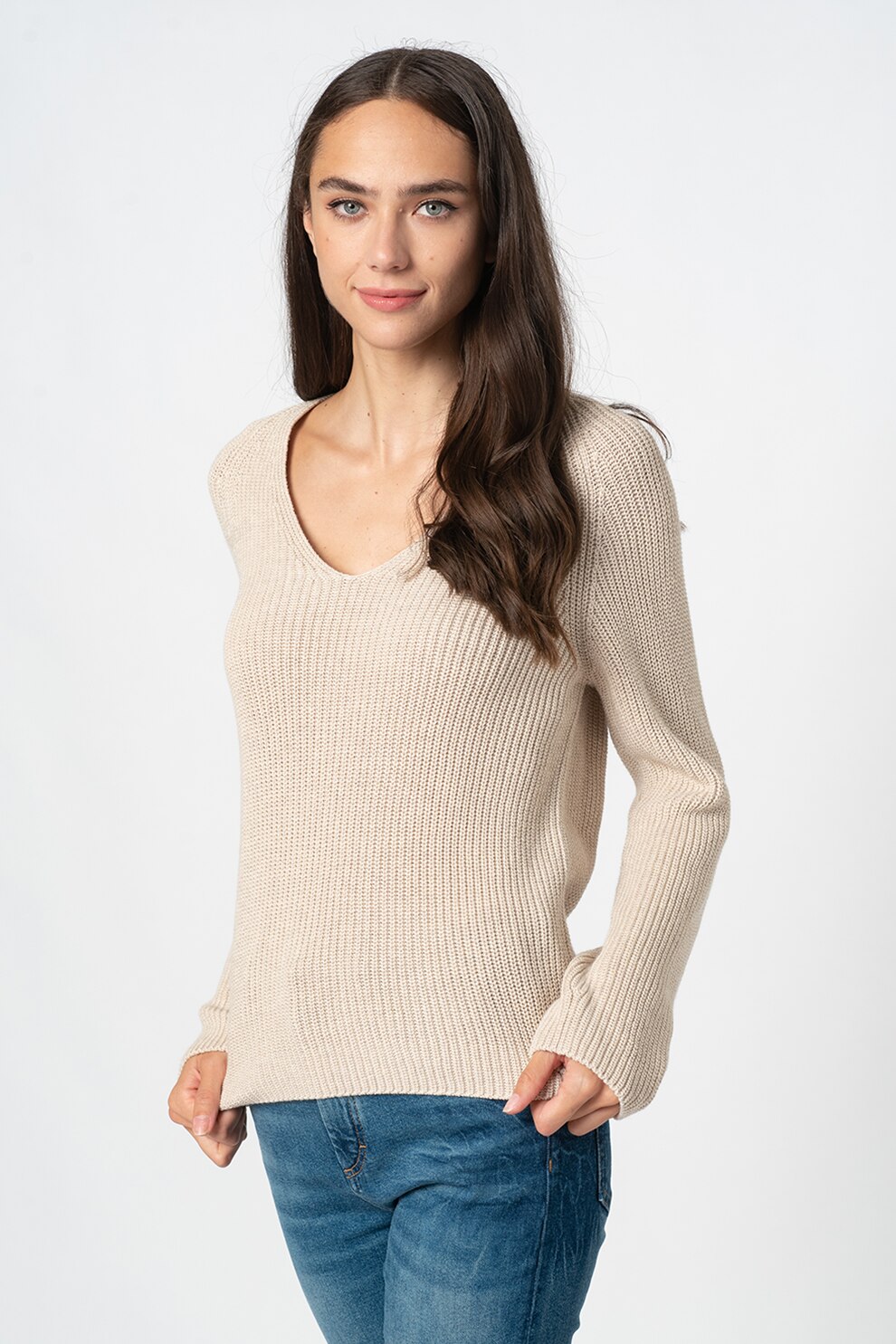 Marc O'Polo, Pulover de bumbac organic cu decolteu en-coeur, Maro taupe deschis, L