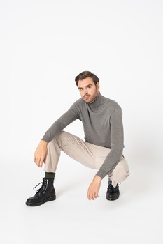 Marc O'Polo, Pulover din lana virgina cu guler inalt, Gri melange, 2XL Marc O'Polo, Pulover din lana virgina cu guler inalt, Gri melange, 2XL