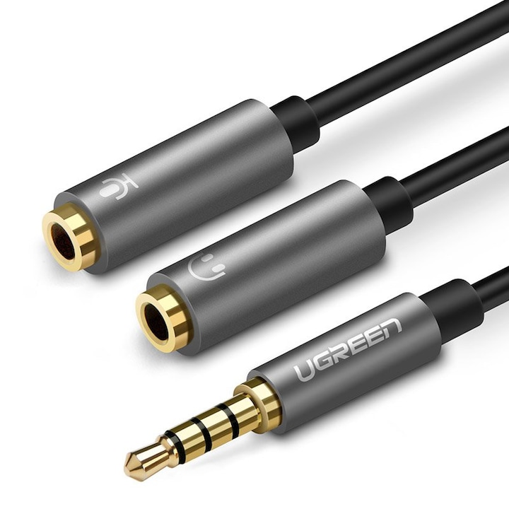 Аудио кабел, Ugreen, 3.5mm мини жак, Aux, Splitter, кабел с щепсел за микрофон, 20cm, сребрист
