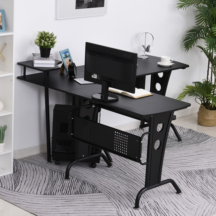 Birou coltar HOMCOM, Otel/MDF, Raft glisant, 165 x 145 x 86.5 cm, Negru