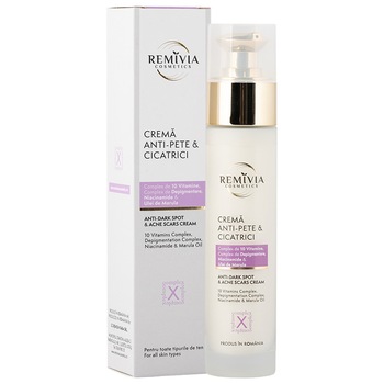 Crema anti-pete si cicatrici cu complex de 10 vitamine,complex depigmentare ,acid hialuronic , Remivia Cosmetics, 50 ml Crema anti-pete si cicatrici cu complex de 10 vitamine,complex depigmentare ,acid hialuronic , Remivia Cosmetics, 50 ml