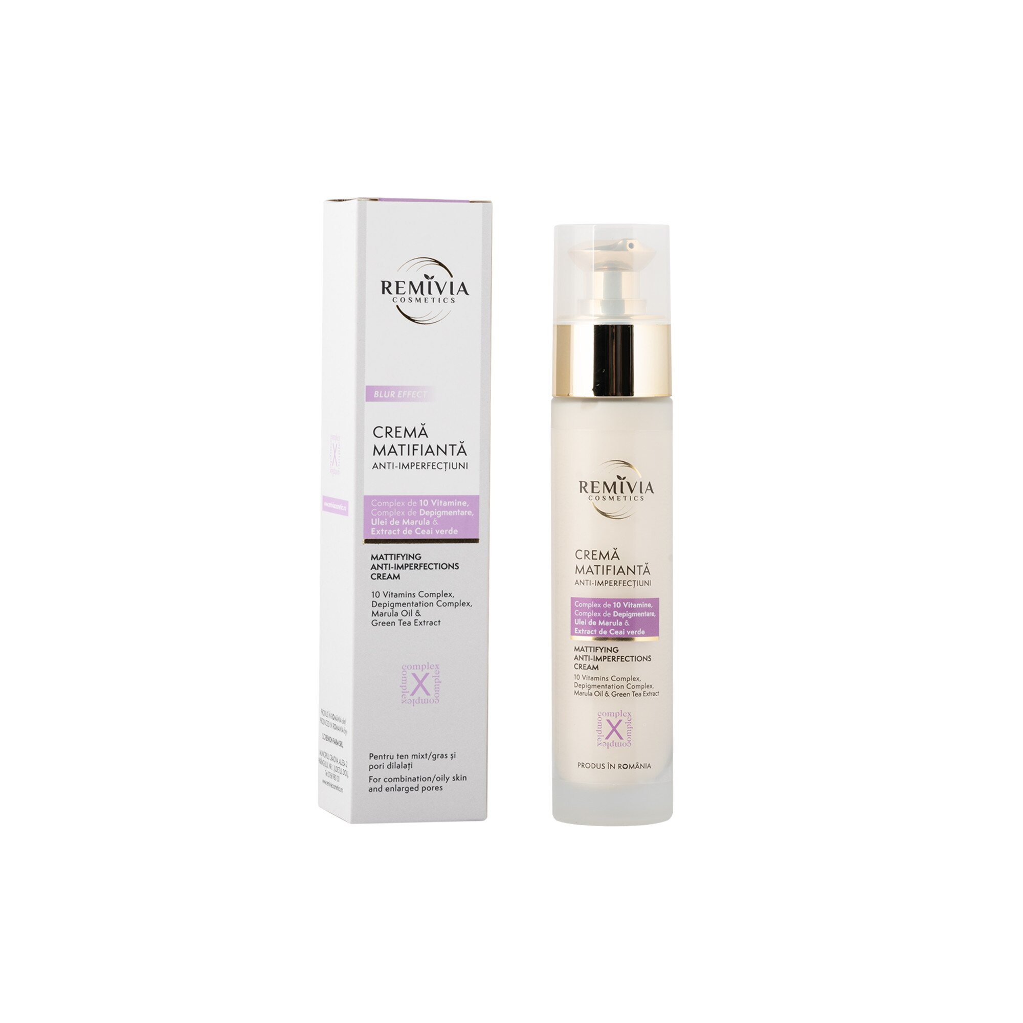 Crema matifianta antiimperfectiuni si pori dilatati cu Complex de 10 vitamine, Complex de depigmentare, ulei de marula si extract de ceai verde, Remivia Cosmetics, 50 ml