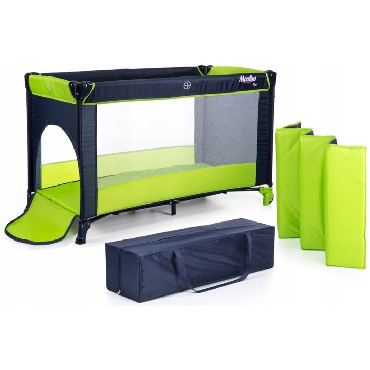MOLINO KINDERCARE Összecsukható utazóágy, matraccal, táskával, cipzáras zseb a gyermekek számára, mosható anyag, féktárcsák, 127x67x76 cm, zöld / kék