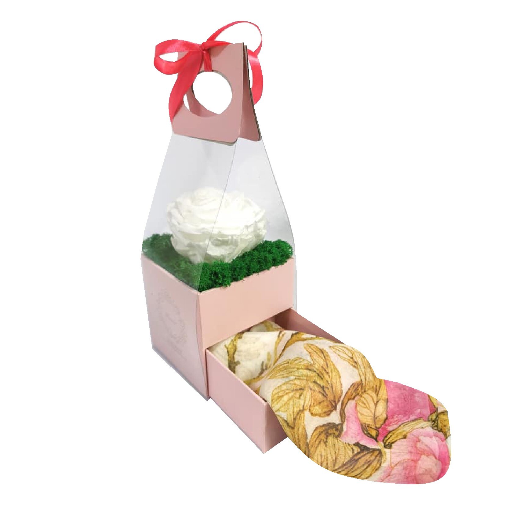 Aranjament floral cu Trandafir Criogenat si licheni stabilizati, D art Flowers, Trandafir criogenat alb , cutie roz cu esarfa cadou, 10x12cm