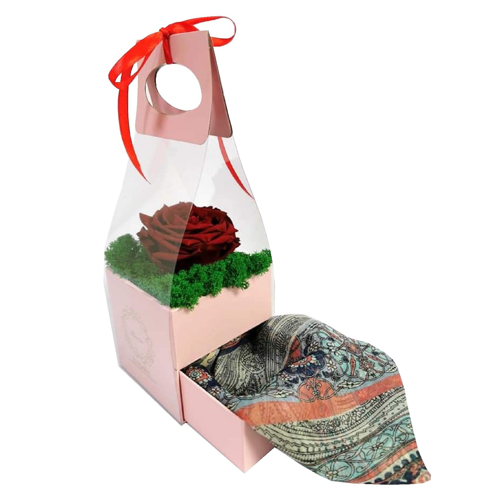 Aranjament floral cu Trandafir Criogenat si licheni stabilizati, D art Flowers, Trandafir criogenat rosu, cutie roz cu esarfa cadou, 10x12cm