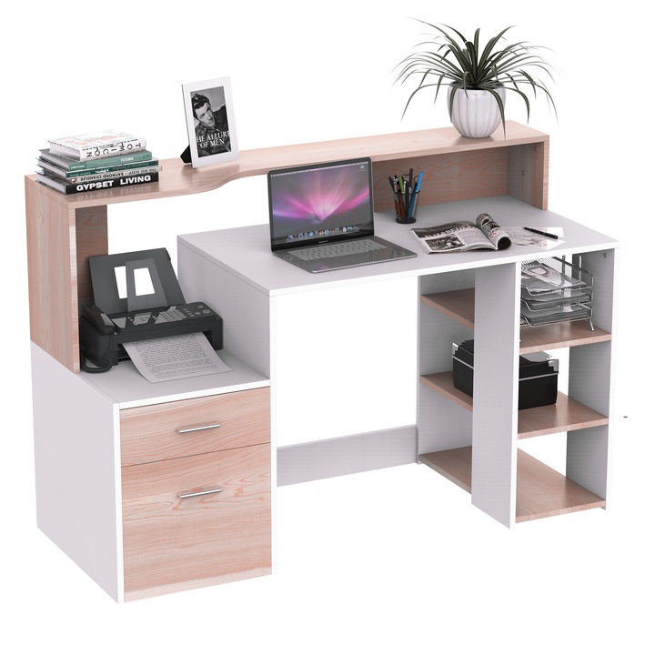 HomCom számítógép asztal, MDF, 140 x 55 x 92 cm, tölgy / fehér