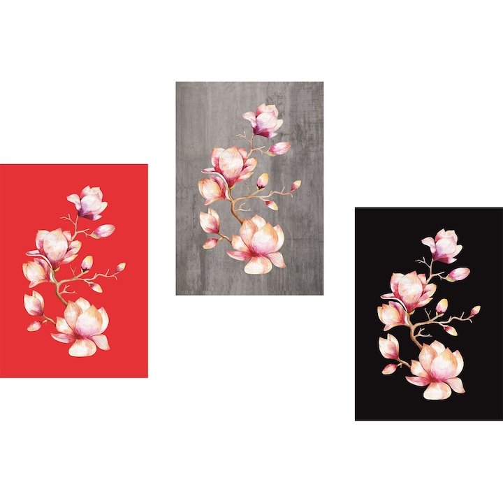 Комплект картини Grelys Print, 3 бр, Печат върху канава, Магнолия, Дървена рамка, Многоцветен, 120х60 см