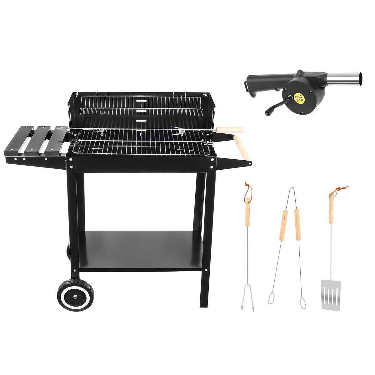 Gratar pe carbuni, Zola®, etajera, negru, cu rotisor,roti si accesorii pentru gratar