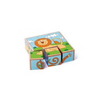 Puzzle cuburi din lemn cu 6 animale exotice, 2 ani plus Puzzle cuburi din lemn cu 6 animale exotice, 2 ani plus